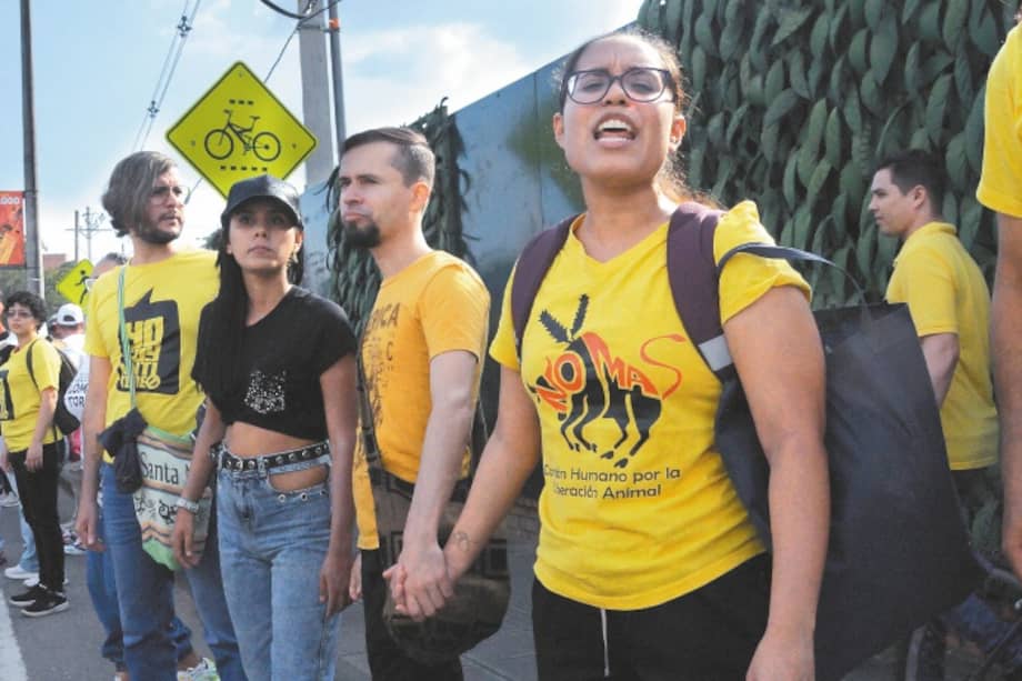 Ayer, en Cali, los animalistas formaron una cadena humana por la liberación animal. / Foto: Rodrigo Urrego Bautista