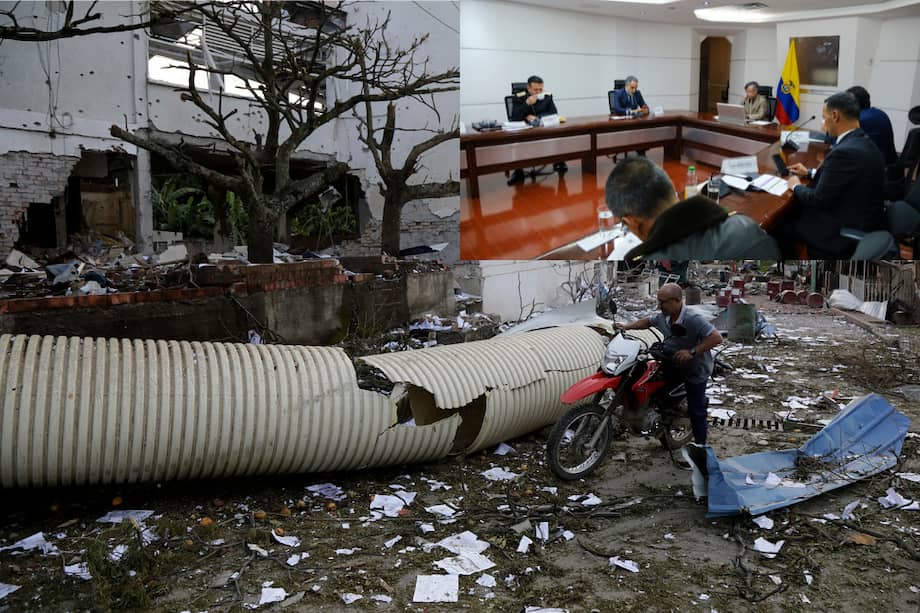 En la imagen principal se ve cómo quedó Buenos Aires, Cauca, tras el ataque de más de siete horas que perpetraron las disidencias. Y en la foto en detalle está el presidente Gustavo Petro liderando un consejo de seguridad tras la semana de violencia que se registró.
