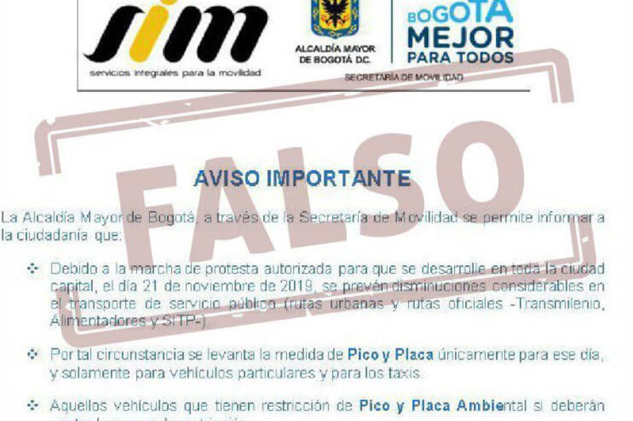 La Policía Nacional advirtió en su cuenta de Twitter que a través de redes sociales está circulando información falsa con el sello de la Policía / Secretaría de Movilidad de Bogotá