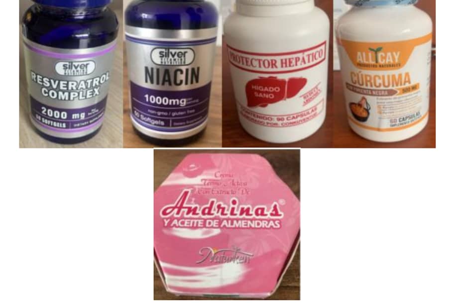 Los productos incluidos en la alerta son Resveratrol Complex Niacin de la marca Silver; el Protector Hepático elaborado por Conkuventud; la Cúrcuma con pimienta negra de All Cay; así como de la crema termoactiva con extracto de andrinas y aceite de almendras de Naturken.