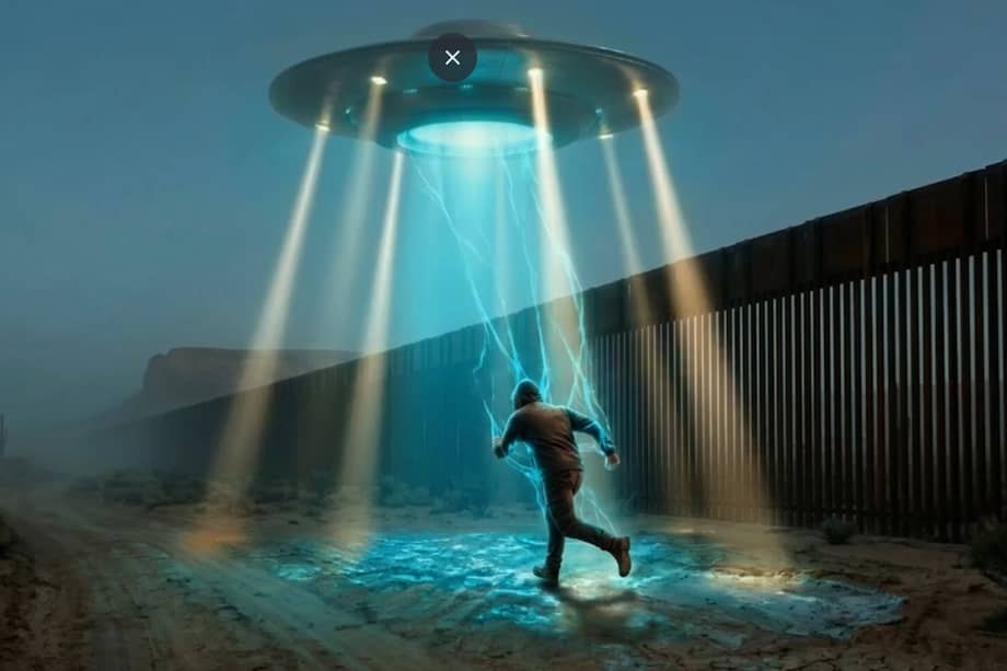 Captura de pantalla del video con el que la Casa Blanca inauguró el sitio web sobre "aliens" y migrantes. Allí se ve a un hombre ser transportado al otro lado de un muro con un platillo volador.