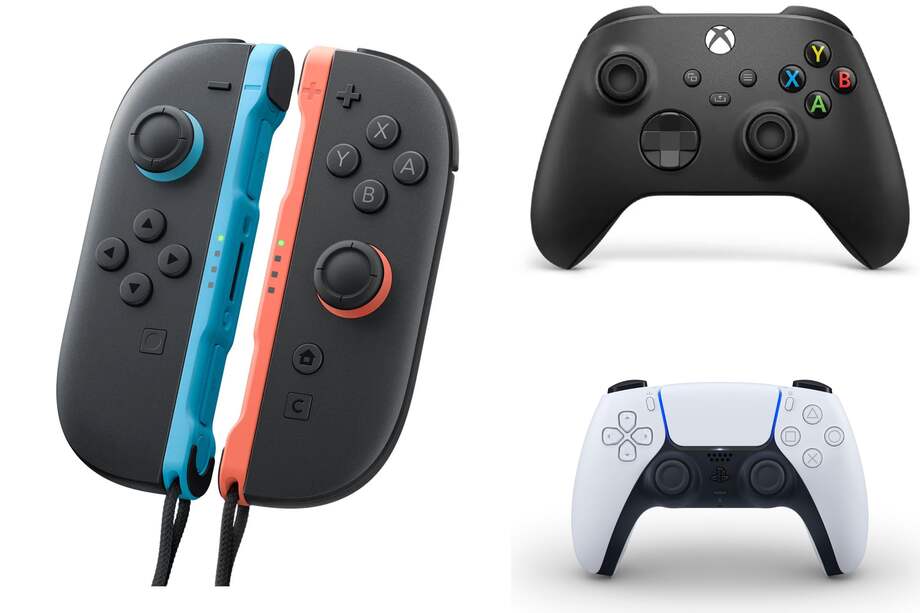 Joy-Cons 2 de la Nintendo Switch 2, Xbox controller de la Series X y DualSense de la PlayStation 5.