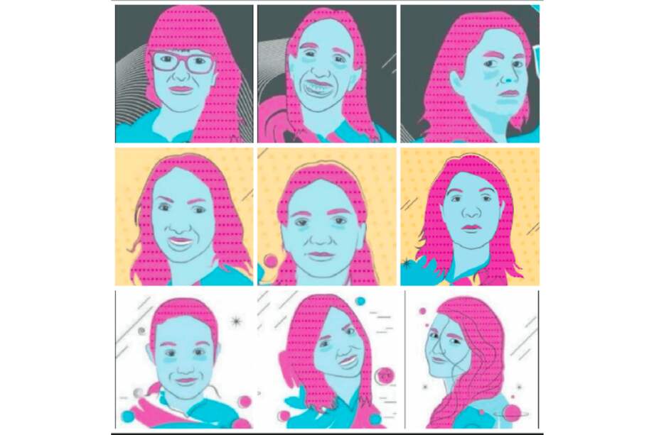 De izq. a der., (arriba): Paola Arias, Ana María Loboguerrero, Clara Inés Pardo; izq. a der., (centro): Alexandra Olaya Castro, Paola Pinilla, Gloria Sánchez; izq. a der. (abajo): María Isabel Olarte, Diana Valencia y Vanesa Ramírez. / Ilustraciones: Eder Leandro Rodríguez