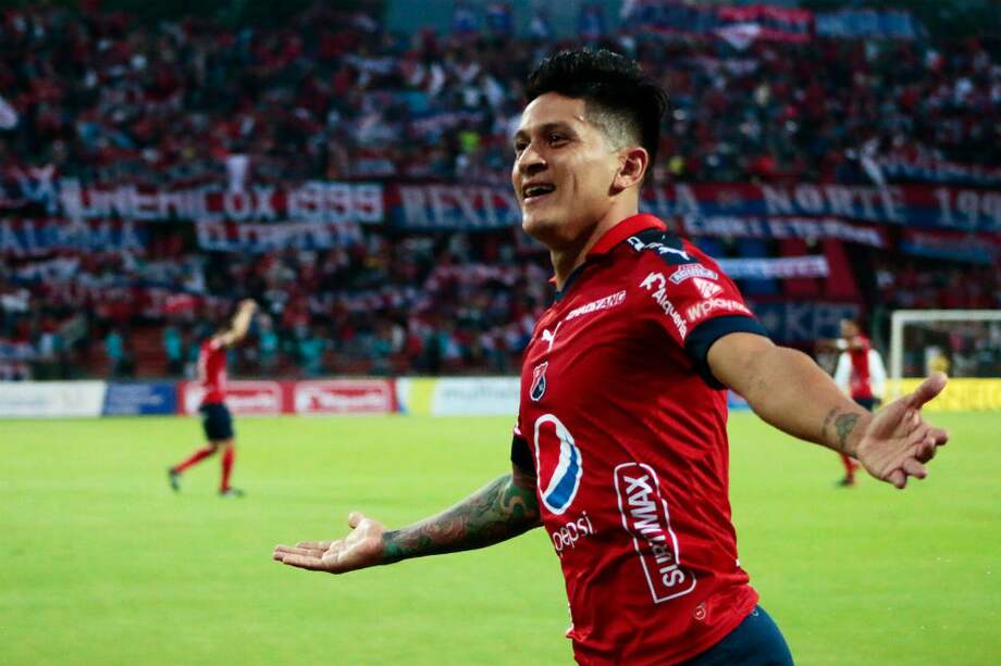 Germán Cano celebra el segundo gol de Independiente Medellín contra Jaguares. / DIM