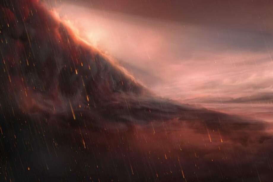 Una ilustración del lado nocturno del exoplaneta caliente WASP-76 b, un mundo tan caliente que llueve hierro