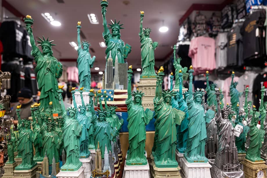(FILES) Replicas of the Statue of Liberty are displayed for sale in a tourist shop in lower Manhattan on March 28, 2025, in New York City.