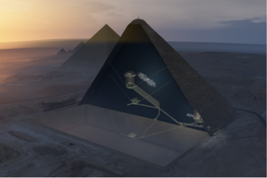 Ilustración donde se muestra (punteado en blanco) la cavidad descubierta, situada encima de la Gran Galería de la pirámide de Keops. / ScanPyramids mission