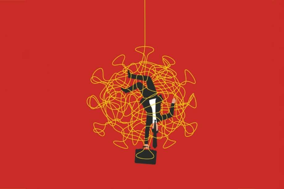 Illustration of a businessman dangling upside down, caught up in a Coronavirus web