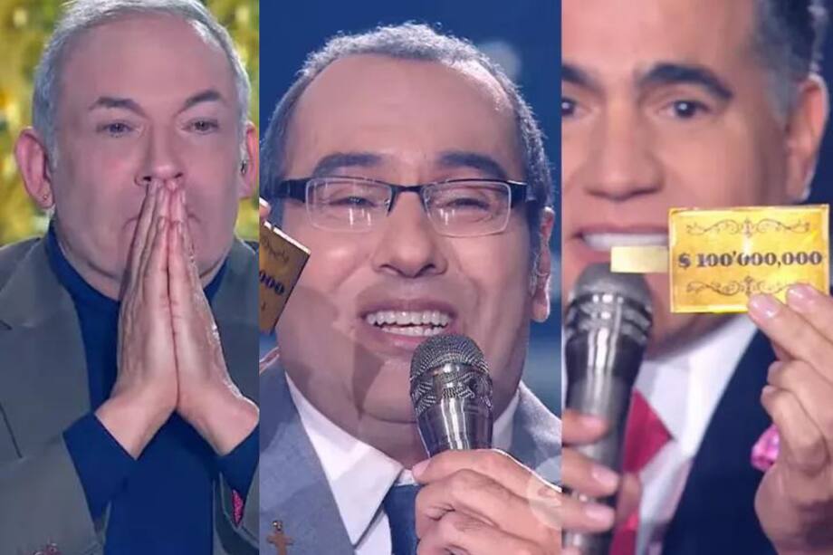 El jurado César Escola (i), el imitador de Alci Acosta y Carlos Calero, el presentador del programa Yo Me Llamo.