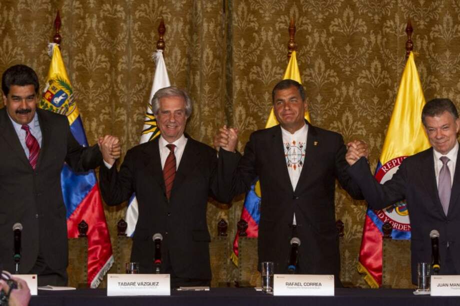 Nicolás Maduro, Tabaré Vásquez, Rafael Correa y Juan Manuel Santos después de la reunión. / EFE