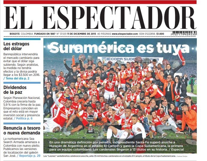 Portada de El Espectador del 11 de diciembre de 2015, después de que Santa Fe ganara la Copa Sudamericana.
