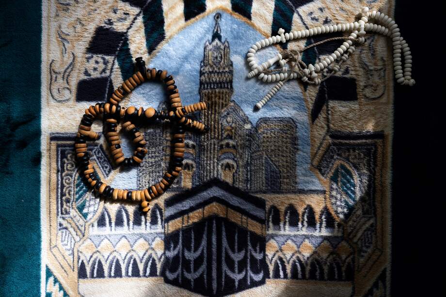 Rosaries used by African faith healer Cheick Issa are photographed in his office before a consultation in his office on July 26, 2023. Cheick Issa (Photo by JOEL SAGET / AFP)