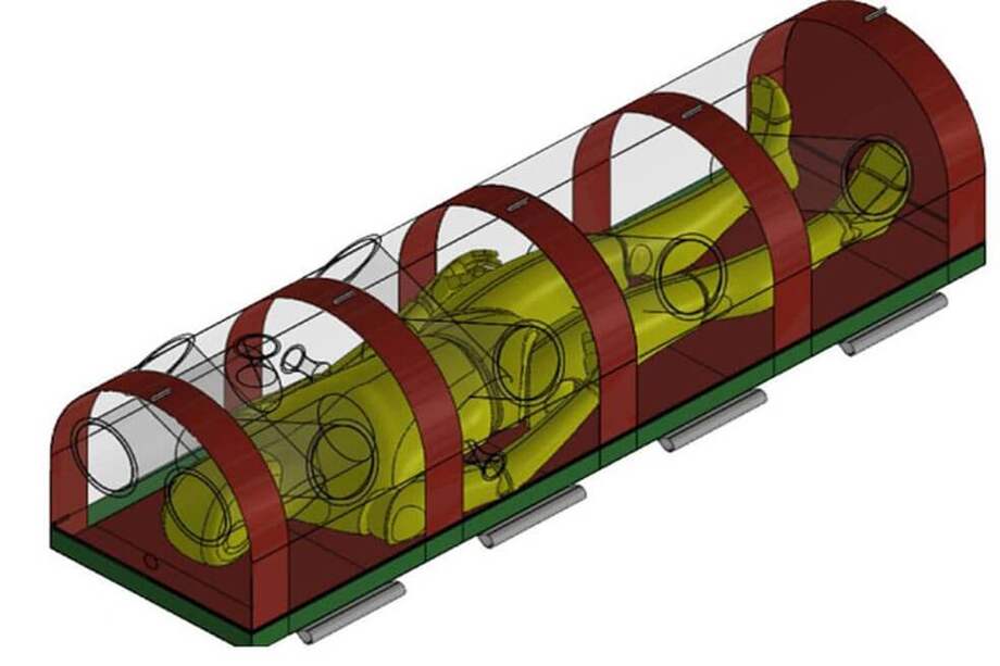Este es el prototipo de la cámara de aislamiento que diseñan los ingenieros. Serviría para transportar pacientes sin que el personal de salud que los transporte corra un riesgo mayor al prestarles ayuda. / UNAL