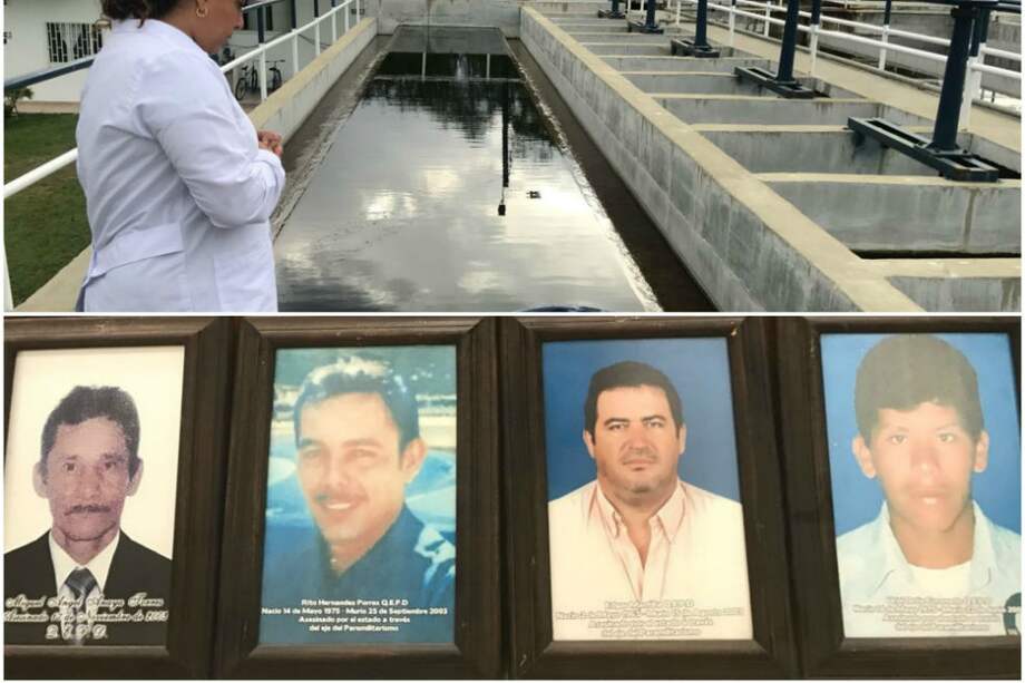 Arriba: Yenny Núñez, microbióloga de la planta de tratamiento del acueducto de Saravena. Abajo, de izquierda a derecha, los trabajadores del acueducto asesinados por paramilitares: Miguel Ángel Anaya, asesinado el 17 de noviembre de 2003; Rito Hernández, asesinado el 23 de septiembre de 2003; Édgar Mantilla, asesinado el 15 de agosto de 2003 y Uriel Ortíz Coronado, asesinado el 23 de junio de 2003. / El Espectador- Archivo Familiar.