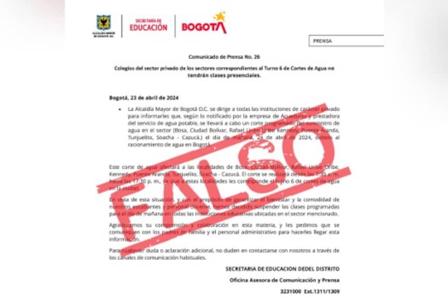 La Secretaría de Educación desmintió información contenida en un comunicado a su nombre que anuncia supuestas suspensiones de clase en colegios privados de 7 localidades.