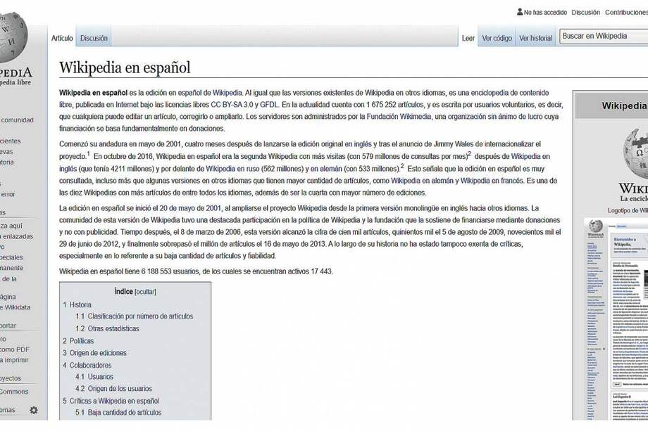 Wikipedia en español es la novena más grande, con más de 1.600.000 páginas.