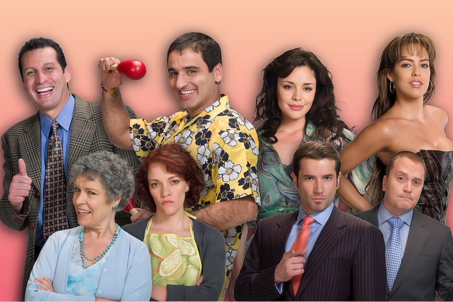 Fernando Solórzano, Robinson Díaz, Flora Martínez, Sara Corrales, María Margarita Giraldo, Luis Mesa y Christian Tappan en 'Vecinos' (2008).