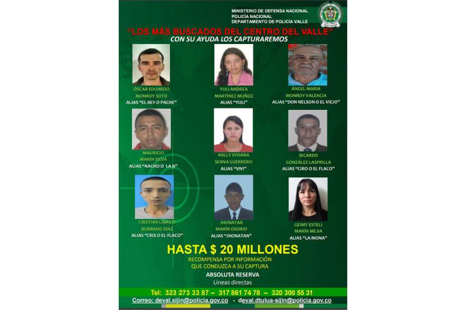 En la lista también figura el nombre de Ángel María Monroy, alias “Don Nelson”; Ricardo González Lasprilla, alias “Ciro”; Yuli Andrea Martínez, alias “Yuli”; Anlly Viviana Serna, alias “Vivi”; Cristian Camilo Burbano, alias “Cris” o ¡El Flaco!; Jonathan Marín y Geimy Esteli.
/ Cortesía