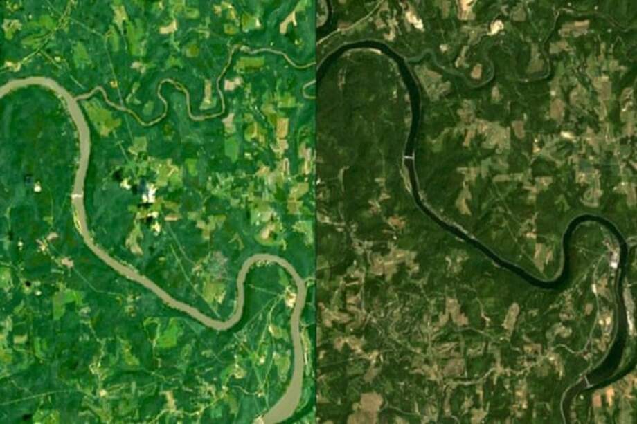 El río Allegheny, que atraviesa Pensilvania y Nueva York, en 1985, a la izquierda, y en 2019.