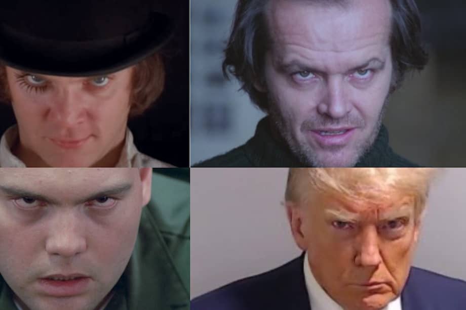 Malcolm McDowell, en La naranja mecánica; Jack Nicholson, en El resplandor; Vincent D'Onofrio, en La chaqueta metálica y Donald Trump en su foto policial.