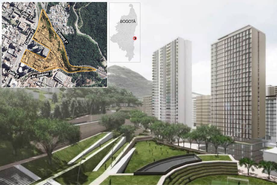 Vista aérea del plan parcial de renovación urbana Fenicia limitado principalmente entre la Avenida Jiménez, la Carrera Primera y la Calle 20.