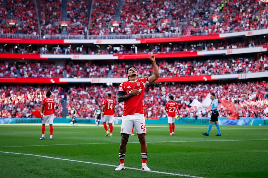 Richard Ríos celebra el 2-1 de Benfica frente a Moreirense en la jornada 31 de la Liga de Portugal este sábado 25 de abril de 2026.