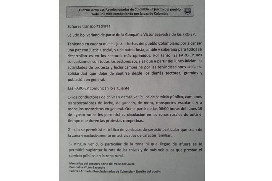 Denuncian que Farc obliga a apoyar el paro