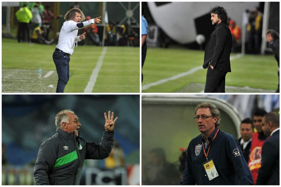Leonel Álvarez, DT del Medellín; Alberto Gamero, DT del Tolima; Fernando “El Pecoso” Castro, DT del Cali; Ricardo Lunari, DT de Millonarios.