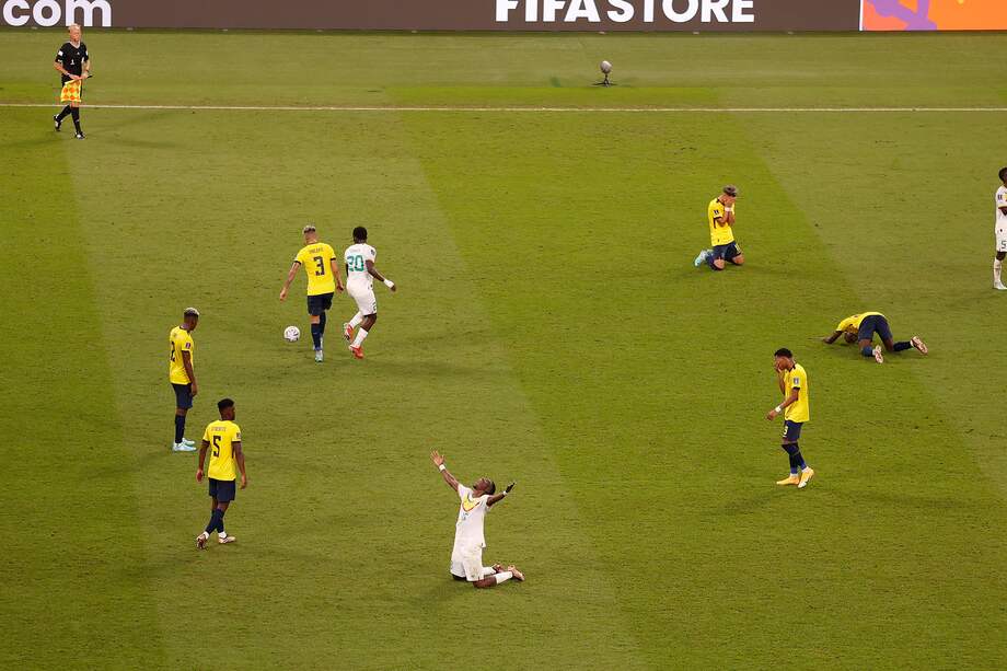 Ismaila Sarr (abajo) de Senegal celebra el triunfo hoy, al final de un partido de la fase de grupos del Mundial de Fútbol Qatar 2022 entre Ecuador y Senegal en el estadio Internacional Jalifa en Doha, (Catar).