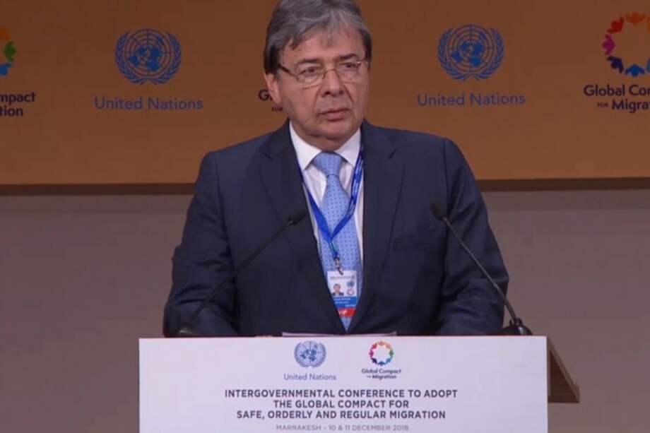 Canciller de Colombia, Carlos Holmes Trujillo, durante su intervención en la cumbre del Pacto Mundial para las Migraciones de la ONU. / Cortesía Cancillería colombiana