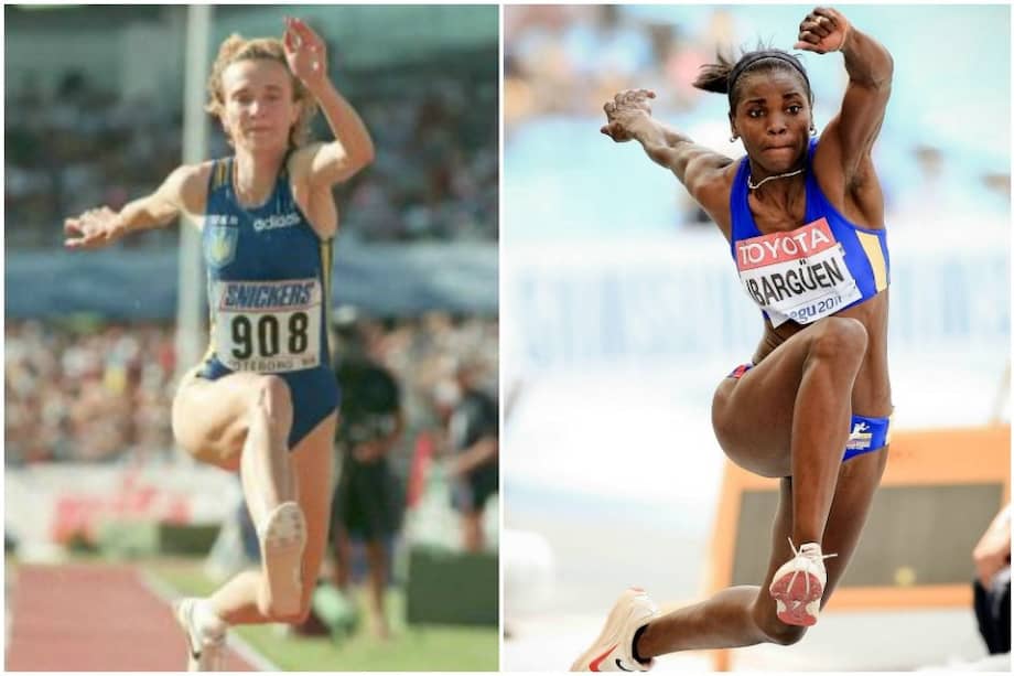 Inessa Kravets (izquierda) el 10 de agosto de 1995 en el Mundial de Gotembugo, cuando hizo nueva marca mundial de salto triple con 15,50 metros, aún vigente. / AFP - Caterine Ibarguen (derecha) /EFE
