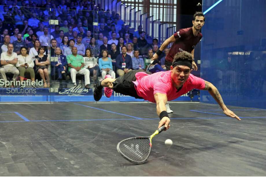 Miguel Ángel Rodríguez, durante el partido de este jueves en el Abierto Británico de Squash. / @BritOpenSquash