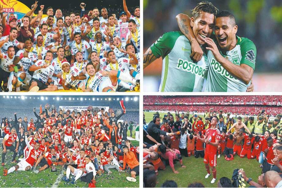 De izq. a der., y de arriba a abajo: Júnior, Nacional, Santa Fe y América, los clubes que lograron más títulos en esta década.