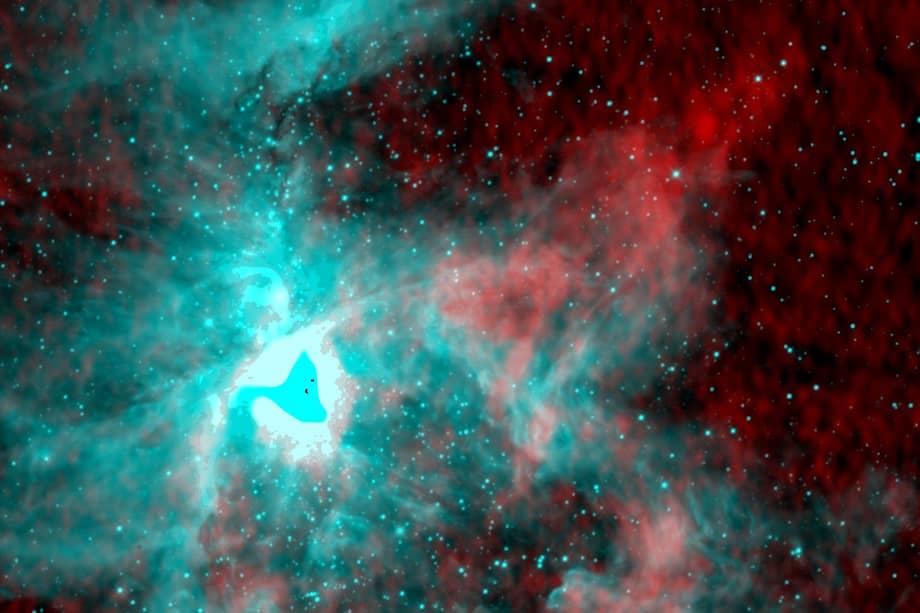 Los colores rojos muestran la emisión de hidrógeno a 21 cm, resuelta por primera vez con este nivel de detalle. Los colores cian muestran la emisión de polvo interestelar caliente en luz infrarroja cercana.