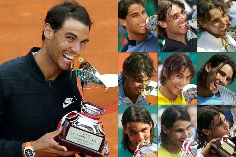 Así ha celebrado Rafael Nadal los 10 títulos Masters 1000 de Montecarlo. / AFP