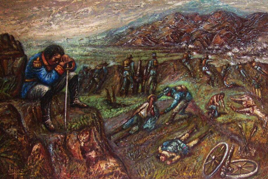 Simón Bolívar sentado en una piedra durante la Batalla de Bomboná del 7 de abril de 1822.