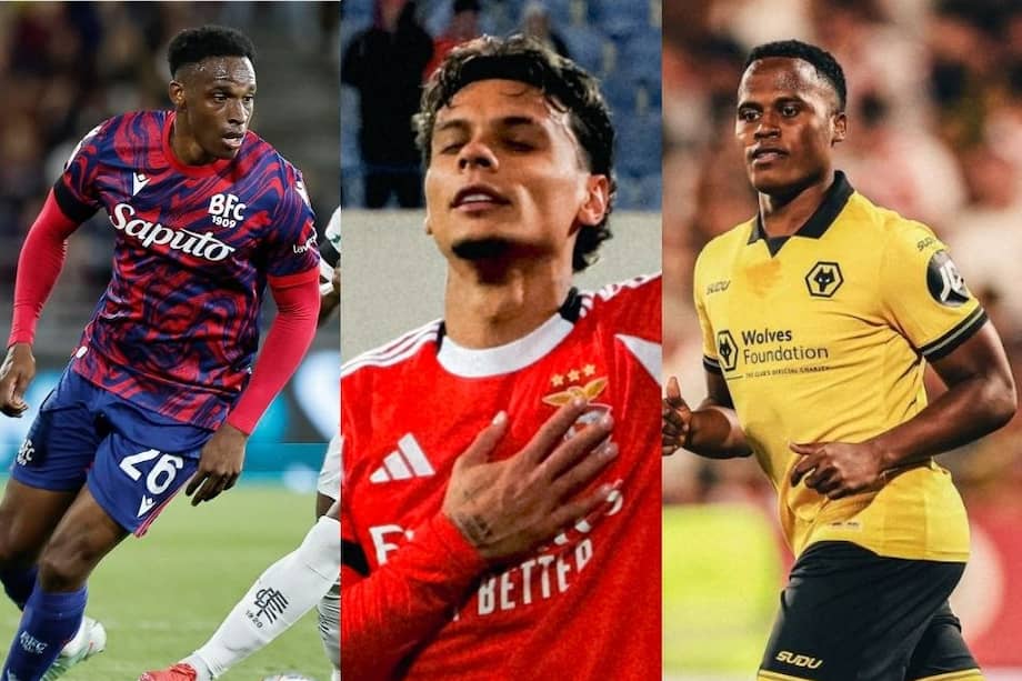 Jhon Lucumí (izq), jugador de Bolonia de Italia; Richard Ríos (centro) jugador de Benfica de Portugal, y Jhon Arias (der), jugador de Wolverhampton de Inglaterra.