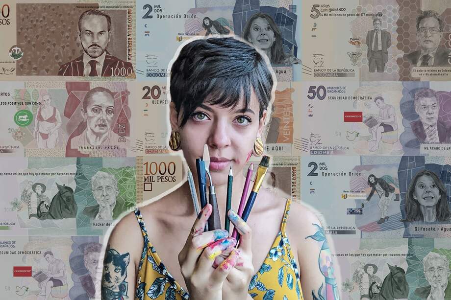 Sara Vélez García, licenciada en artes de Medellín, creadora de la serie de intervención de billetes llamada "Dinero Sucio".