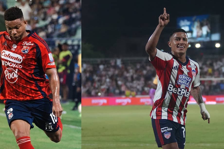 Frank Fabra, jugador de Deportivo Independiente Medellín, y Cristian Barrios, jugador de Atlético Junior.
