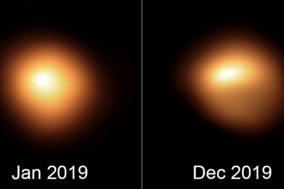 Estrella Betelgeuse antes y después de su atenuación sin precedentes. Las observaciones, tomadas con el instrumento SPHERE instalado en el Very Large Telescope, en enero y diciembre de 2019, muestran cuánto se ha debilitado la estrella y cómo ha cambiado su forma aparente.
/ ESO/M. Montargès et al.