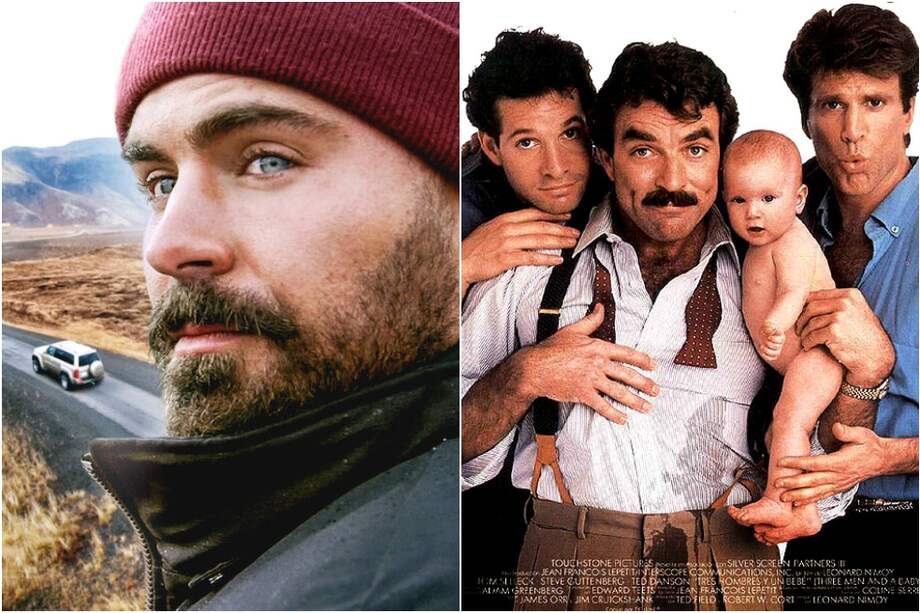 En la foto de la izquierda aparece Zac Efron, mientras que al otro lado los actores Tom Selleck, Steve Guttenberg y Ted Danson, protagonistas de la cinta original.