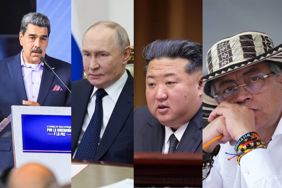 De izquierda a derecha: Nicolás Maduro, Vladimir Putin, Kim Jong-un y Gustavo Petro, cuatro de los líderes incluidos en la Lista Clinton del Departamento del Tesoro de Estados Unidos.