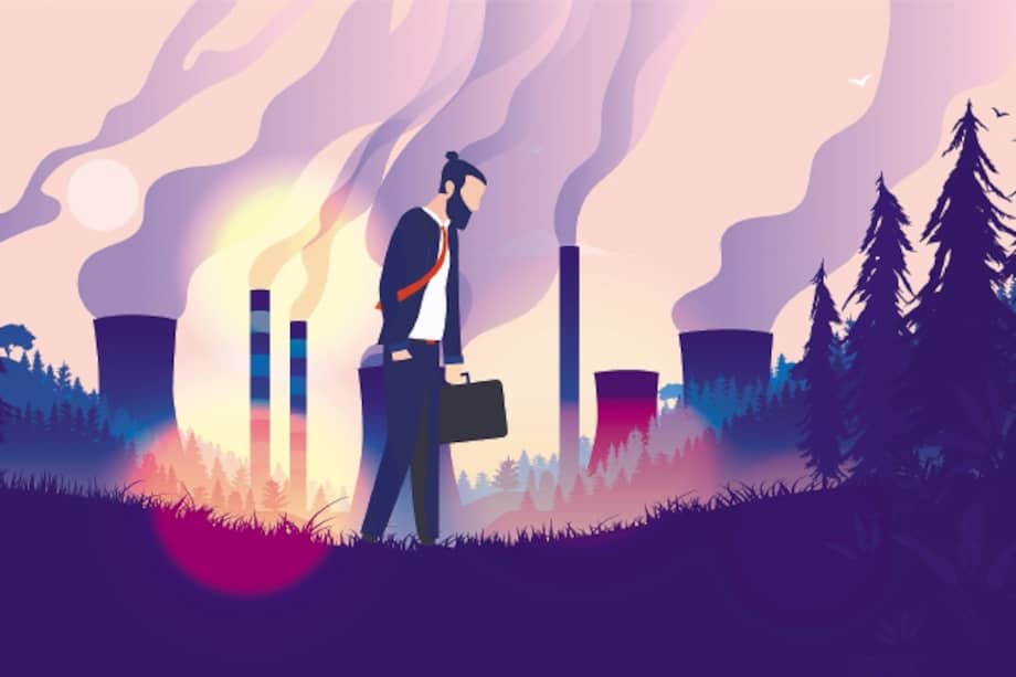 Business man walking, hanging his head with polluting industry destroying environment in background. Pollution, no future, and climate concept. Vector illustration.