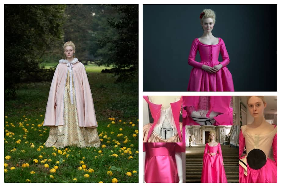 La actriz Elle Fanning como Catalina la Grande en la serie “The Great”, y bocetos realizados por Emma Fryer.