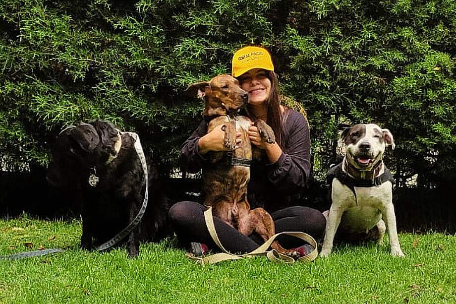 Daniela Díaz, con algunos de los perros rescatados de la calle que ella cuida en su Fundación Colitas Felices.