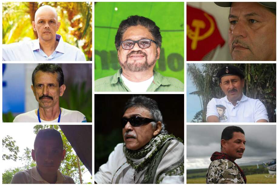 En la parte superior izquierda de arriba hacia abajo: Hernán Darío Velásquez, (El Paisa); Walter Mendoza y Enrique Marulanda. Centro superior: Iván Márquez, abajo: Jesús Santrich. Parte superior derecha de arriba hacia abajo: Henry Castellanos (Romaña); Iván Merchán (el Loco Iván) y Aldinever Morantes. /Archivo particular