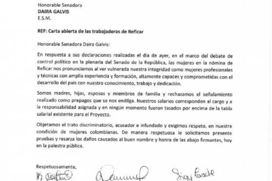 Carta de las trabajadoras de Reficar a la senadora Daira Galvis. /Cortesía.