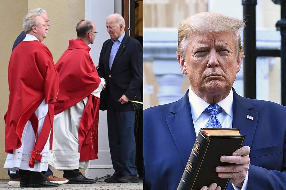 A la izquierda, el presidente Joe Biden durante una misa en la iglesia St. Joseph On the Brandywine en Delaware. A la derecha, el expresidente Donald Trump sostiene una biblia en Washington D.C., en 2020.