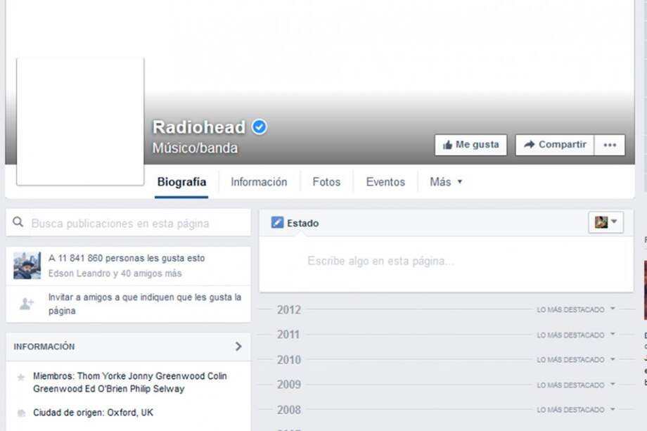 Así se ve el perfil de Radiohead en Facebook.com.