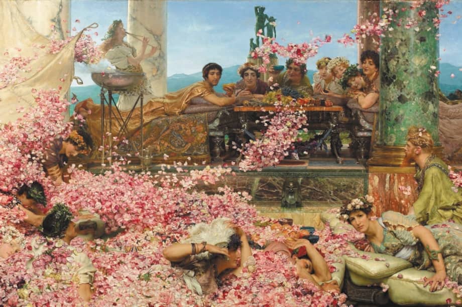 "Las rosas de Heliogábalo", cuadro de Lawrence Alma-Tadema. En la mesa, de izquierda a derecha, ataviado de dorado, Heliogábalo.